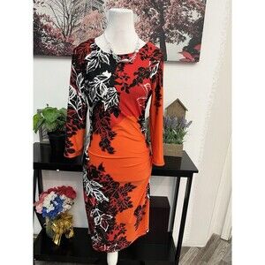 AA Studio Floral Ruched Bodycon Dress Size 6 Long Sleeve Cocktail Knee-Length